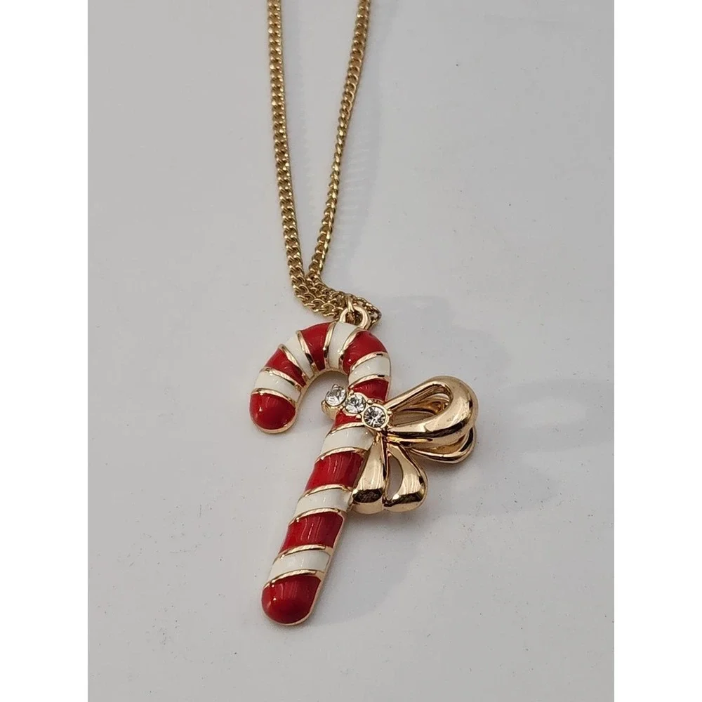 Vintage Gold Tone Red White Candy Cane Rhinestone Bow Holiday 34